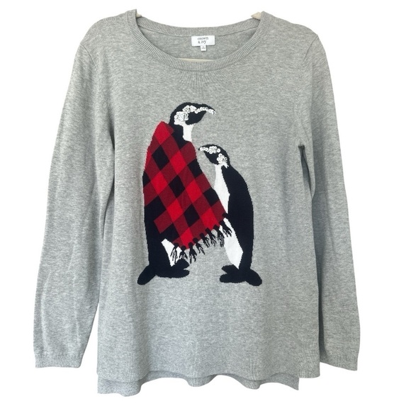 crown & ivy Sweaters - Buffalo Plaid Penguin Sweater Sequins Holiday Christmas Festive Stretchy Sz M